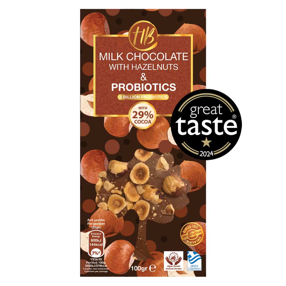 Healthy Bites Σοκολάτα Γάλακτος Xωρίς Γλουτένη με 29% Κακάο, Φουντούκια & Προβιοτικά 100gr