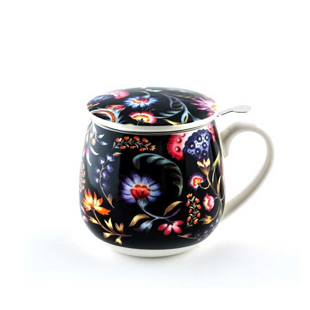 New bone china porcelain mug 430ml with strainer - black with patterns