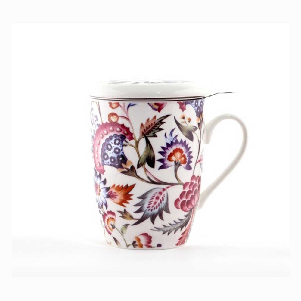 New bone china porcelain mug 360ml with strainer - white with flowers