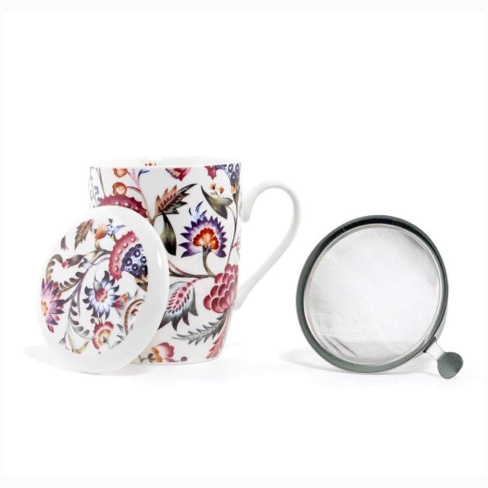 New bone china porcelain mug 360ml with strainer - white with flowers