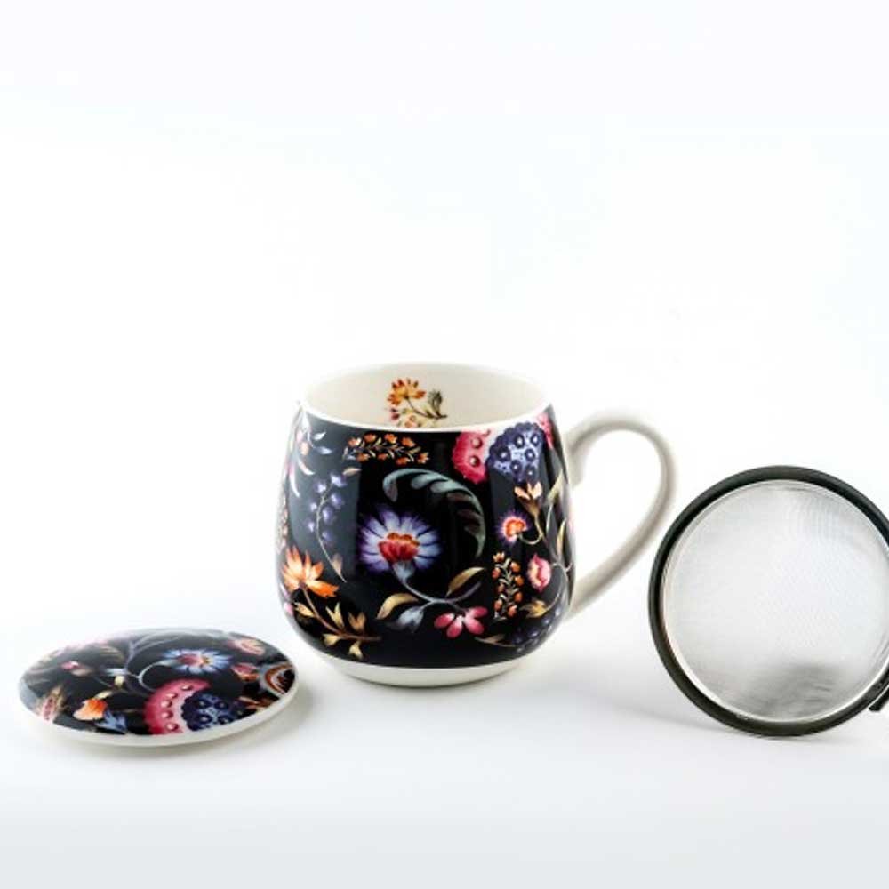 New bone china porcelain mug 430ml with strainer - black with patterns